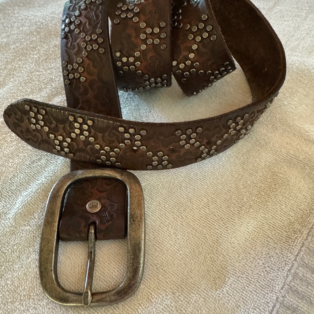 Will Leather Goods Brown Leather Belt with Silver Studs-Medium